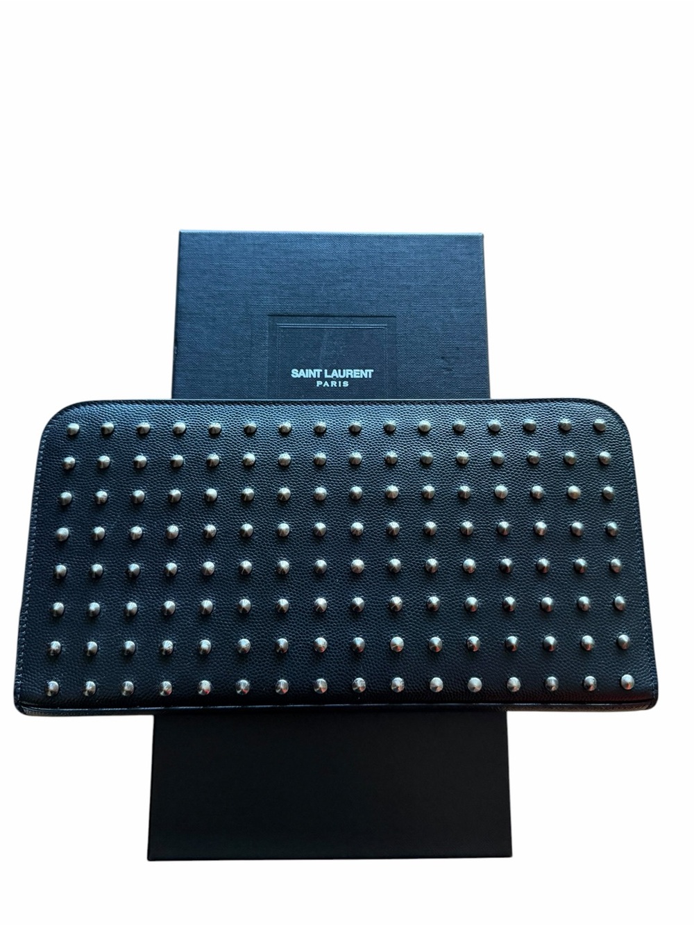 Saint Laurent Black Leather Zip Wallet with Silver Studs - New in Box